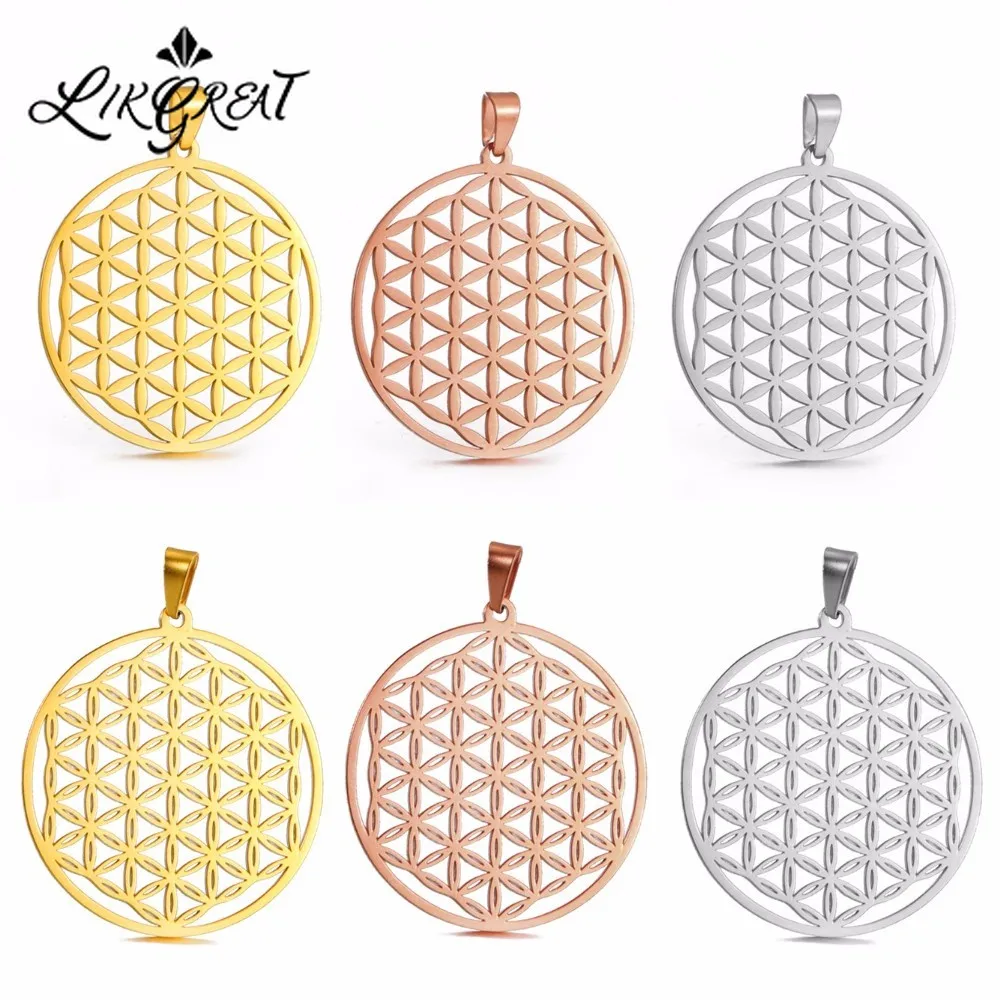 LIKGREAT Flower of Life Charms DIY Accessories for Necklace Jewelry Making Stainless Steel Gold Color Mandala Pendants Handmade