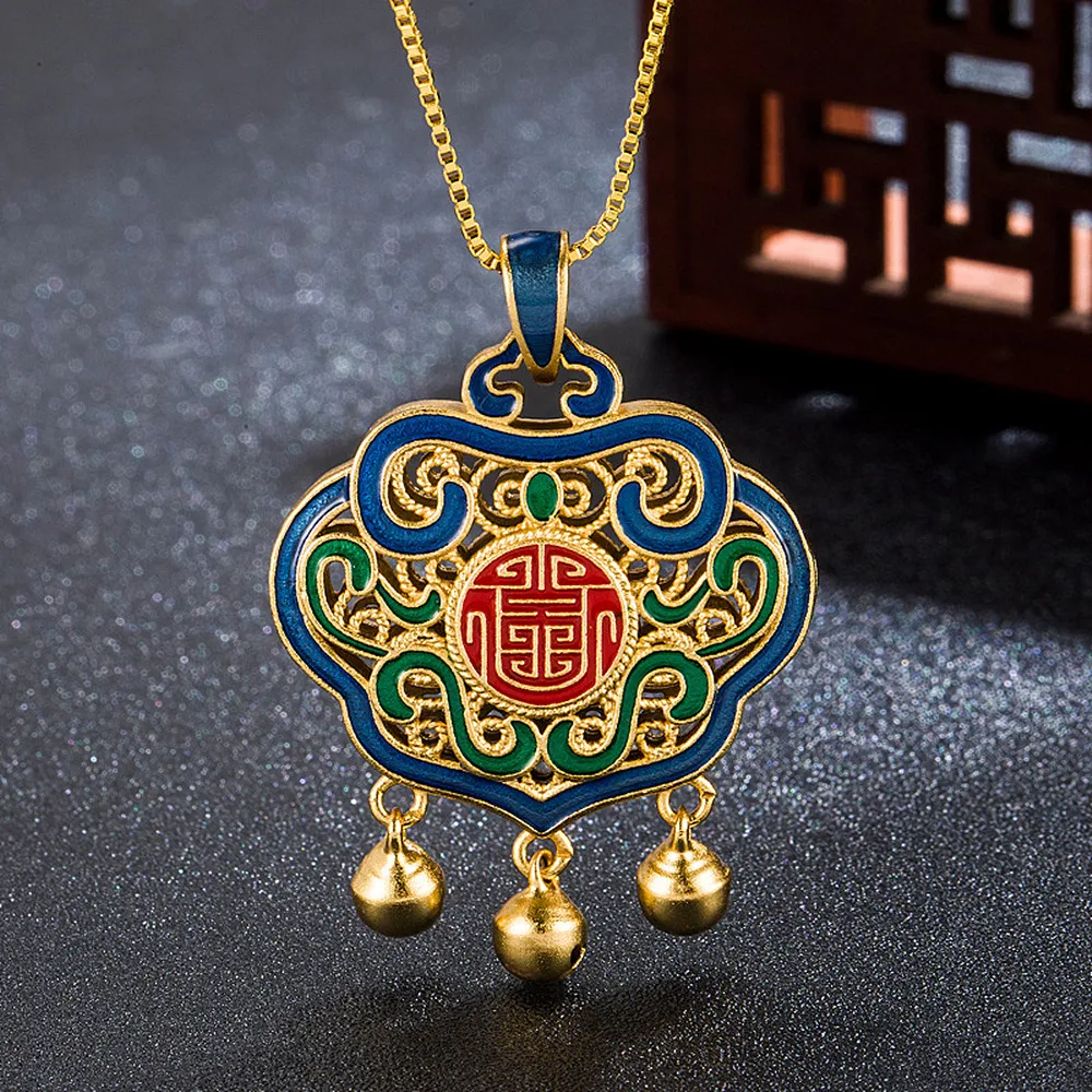 Vintage Carving Enamel Bells Tassel Pendnat Necklaces for Women 18k Gold Color Fine Jewlery Bijoux Birthday Gifts Accessories