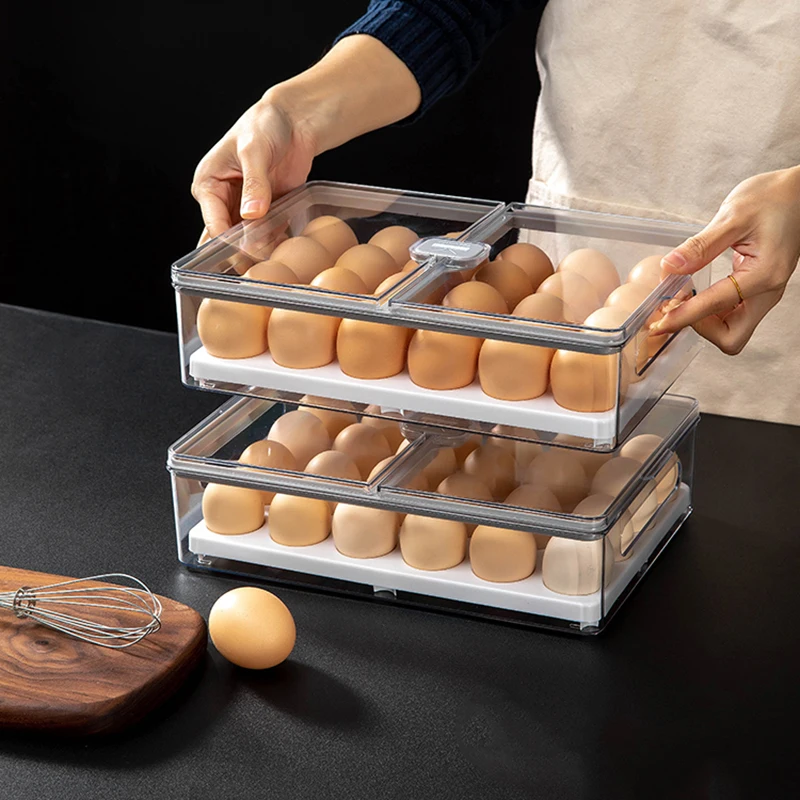 

Egg Storage Box for Refrigerator Transparent Plastic Egg Rack Large Capacity Tray with Cover Fresh-Keeping Box Kitchen Organizer