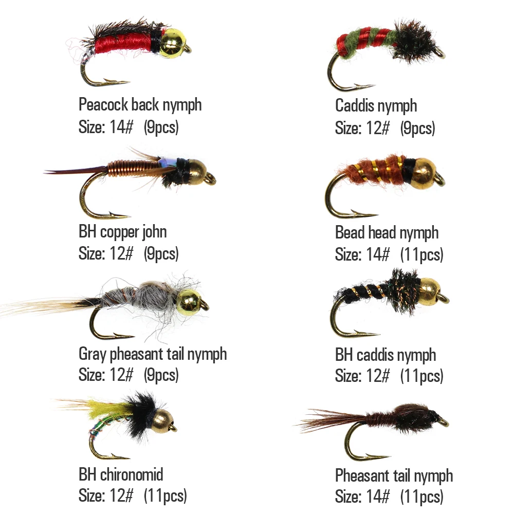 ICERIO 80pcs/Set Portable Boxed Dry Flies Nymph Scud Midge Tying Hook Trout Fishing Fly Lure Baits