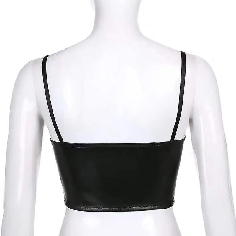 New Black Patent Leather PU Leather Waist Girdle Sling Chest Support Ladies Fashion Slim Vest Versatile Vest Top Ins Tide Strap