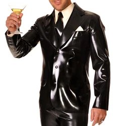 Black And White Sexy Latex Suit With Buttons At Front Turn Down Collar Rubber Blazer Jacket Coat Top YF-0276