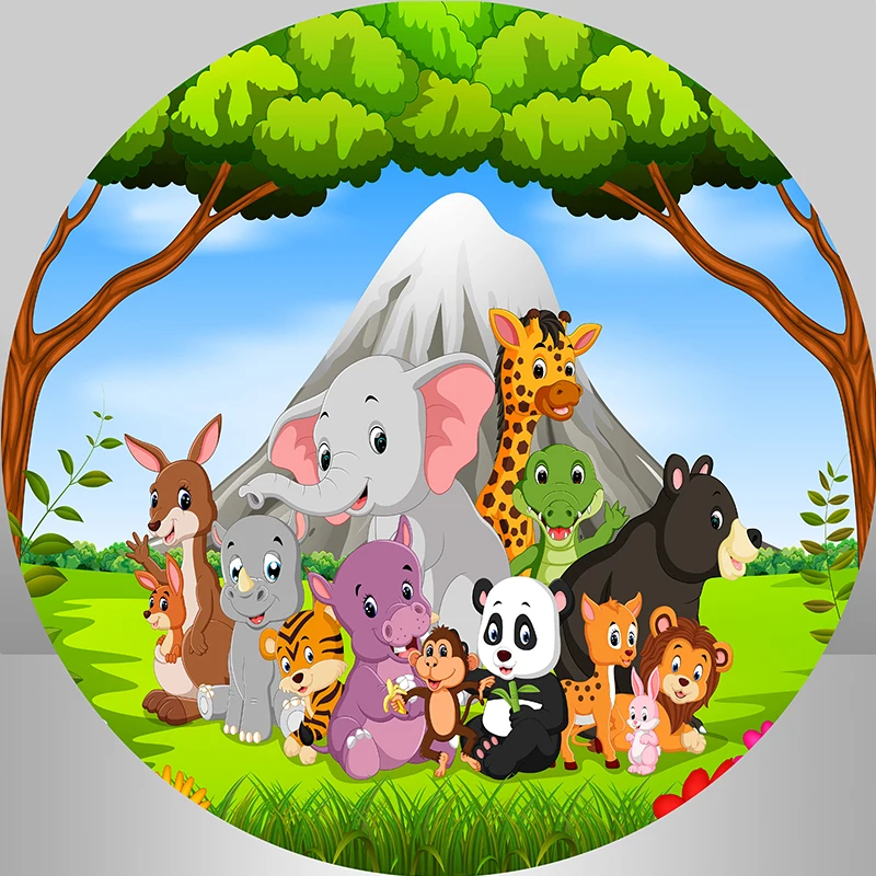 InMemory Safari Photo Backdrops Baby Shower Round Photographic Background Panda Elephant Animal Birthday Party Decorations 6x6FT