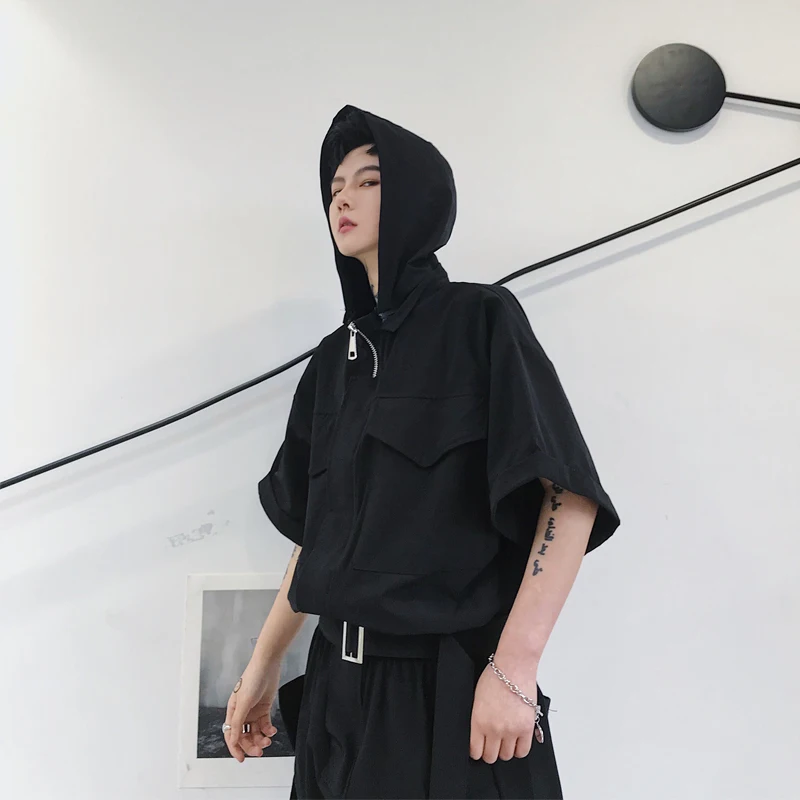 Men's vintage hooded short sleeve hip-hop jumpsuit street style cargo style oversize leg cutoff pants