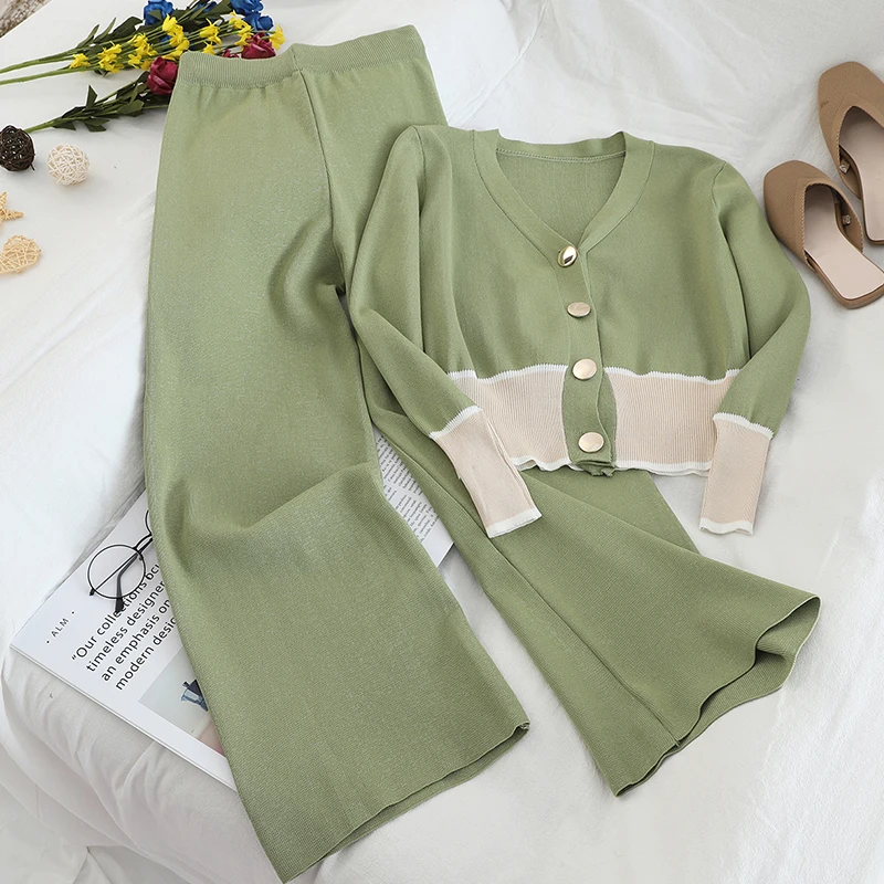 

Women Knitted Two Piece Set Single Breasted Button V Neck Cardigan Long Wide Leg Pant Korean Fashion Sweater Suit