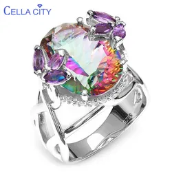 Cellacity 925 Sterling Silver Female ring Top Quality Rainbow Fire Mystic Topaz Gemstone Jewelry Wdding Party Gift  Wholesale