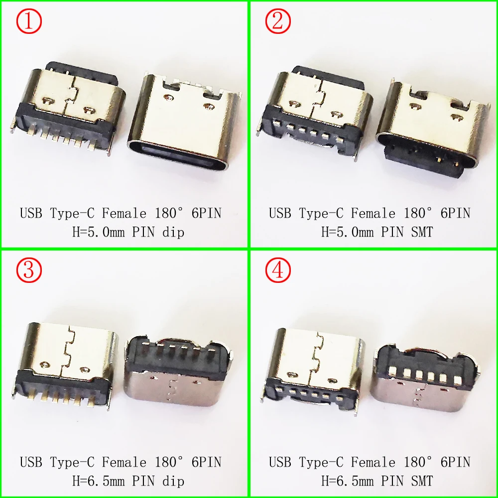 10pcs Type-C Connector 6PIN DIP SMD 180° H=5.0mm/6.5mm Phone Tail Charging Socket Replacement Notebook Laptop Microphone