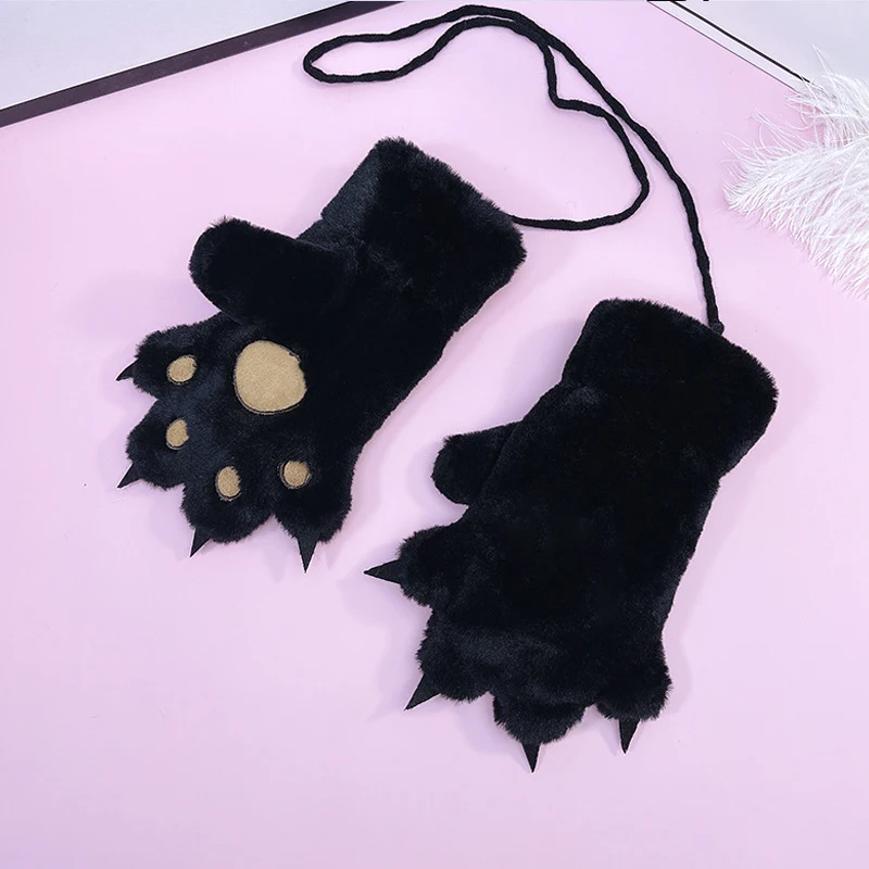 Winter Cat Claw Design Women\'s Cosplay Gloves Warmth Lolita Girlish Accessories Thick Fuzzy Hanging Thread Cartoon Cute Gloves
