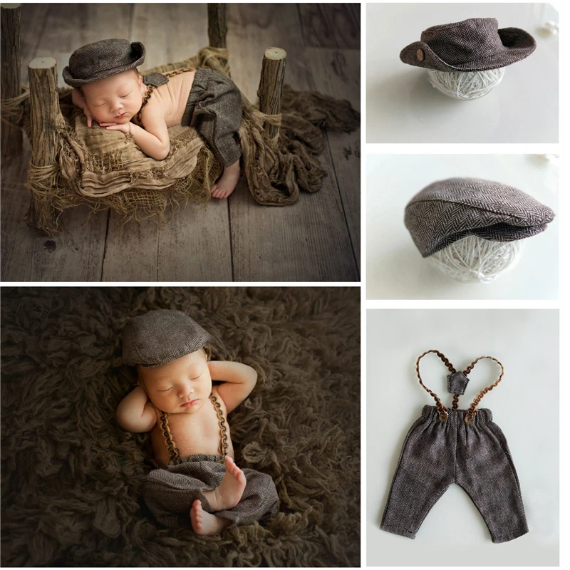 

Newborn Baby Boy Photography Clothing Sets Outfits Cowboy Infant Cool Costumes 2 Hats Suspender Trousers Overalls