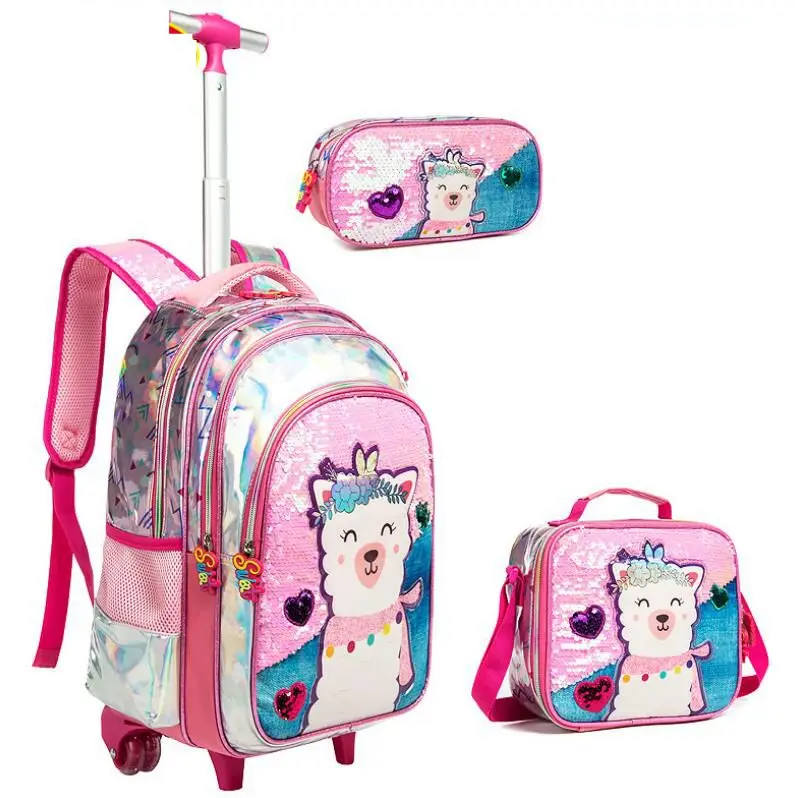 School wheeled backpack bag lunch bag set school Rolling backpack bag with wheels student school trolley backpack Bag for girls