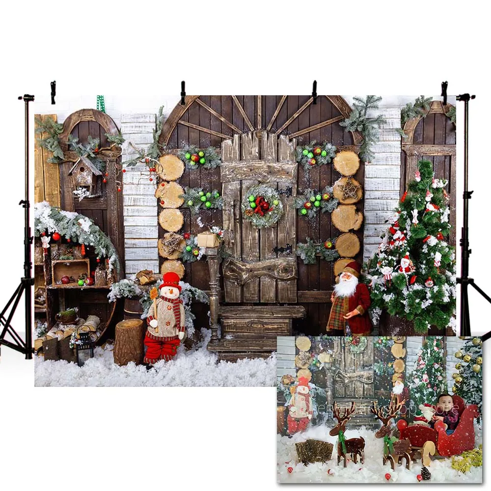 Mehofond Christmas Photo Backdrop Vintage Wooden Door Snowman Santa Claus Baby Portrait Decor Photography Background Photocall