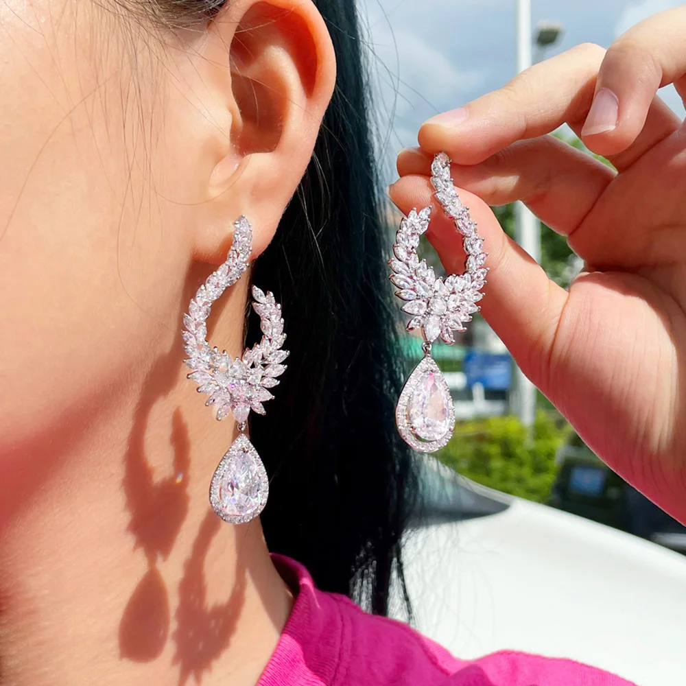 

Pera Gorgeous Long Symmetrical Hook Design Shiny CZ Crystal Silver Color Engagement Dangle Drop Earrings for Women Jewelry E821