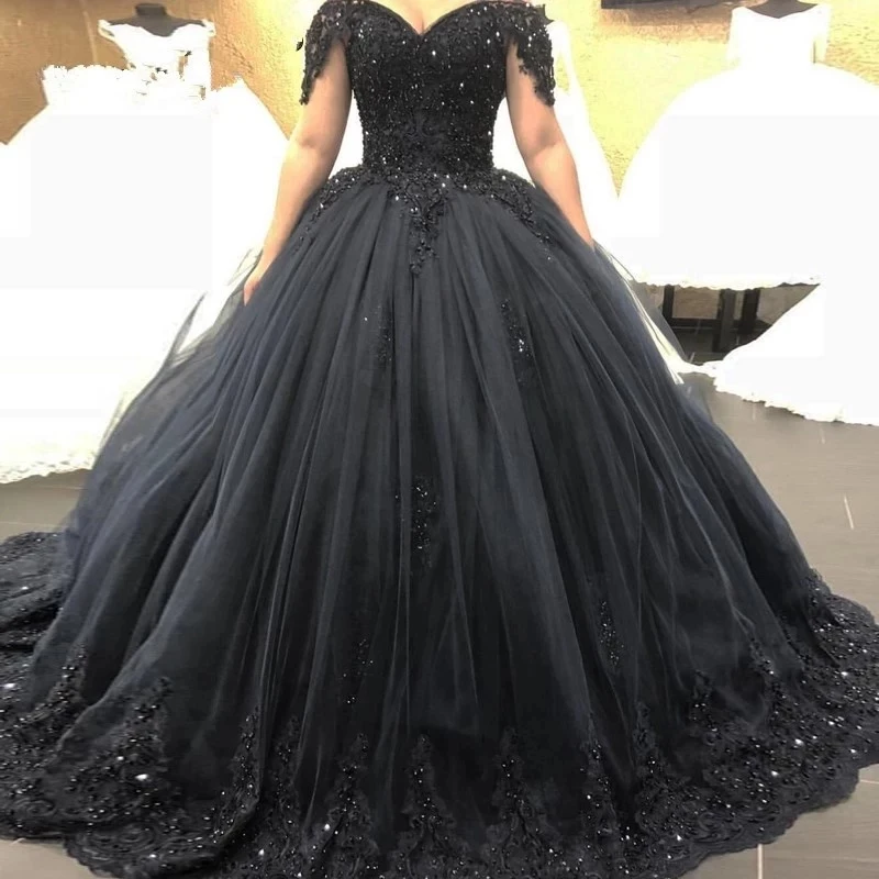 

ANGELSBRIDEP Sweetheart Black Tulle Ball Gown Wedding Dress Cap-Shoulder Applique Court Train Formal Robe De Soirée De Mariage