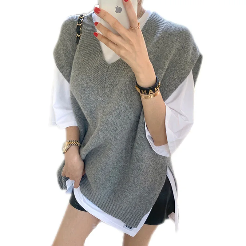 2020 New V-Neck Girls Pullover 100% Wool Sweater Autumn Winter Women Vest Sleeveless Female Fashion Warm Casual Oversize