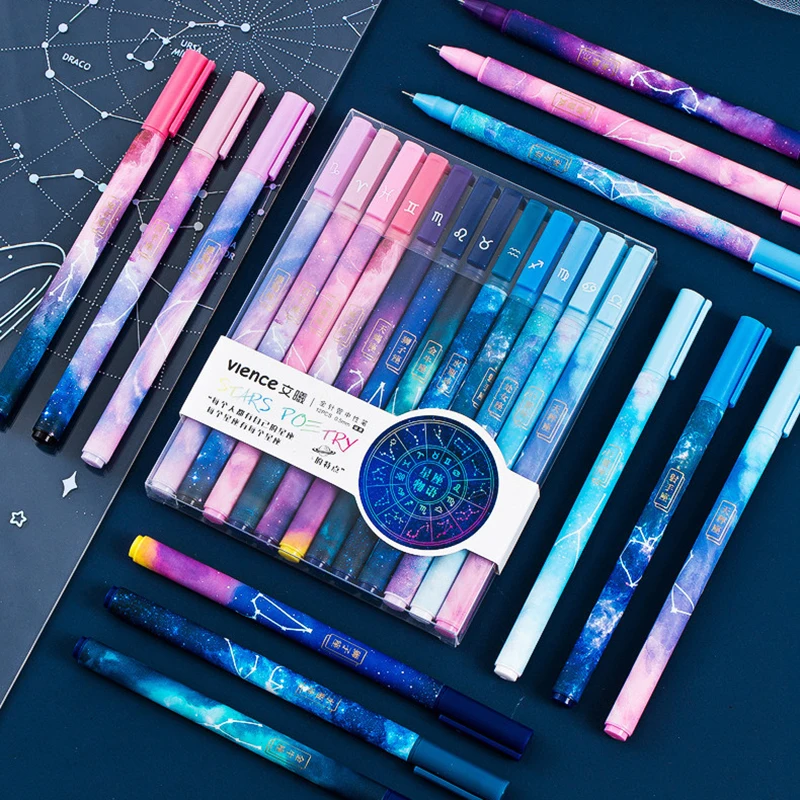 12pcs Creative Twelve Constellations Erasable Gel Pen Set Needle 0.5mm Black Blue Ink Writing Office School Stationery Items