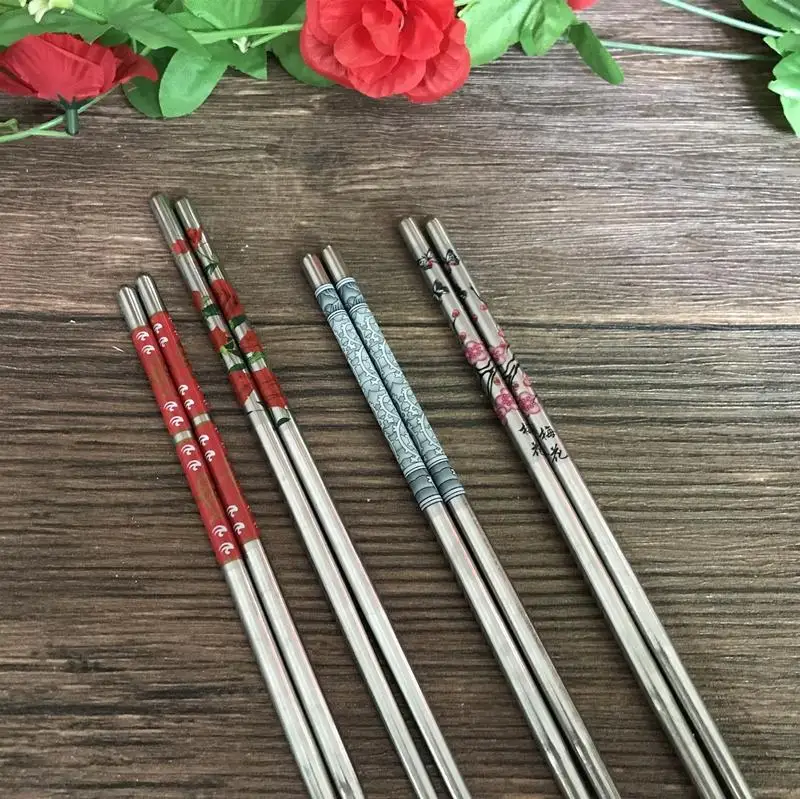 1 Pair Stainless Steel Chopsticks 23cm Length White Flower Patters Anti-Slip Anti-Scalding Tableware Portable Reusable Chopstick