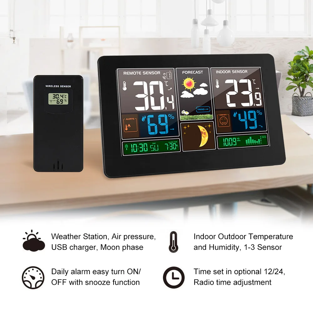 Wall Clock Digital Weather Station Wireless Sensor Indoor Outdoor Thermometer Hygrometer Barometer Forecast Modern Watch -40℃