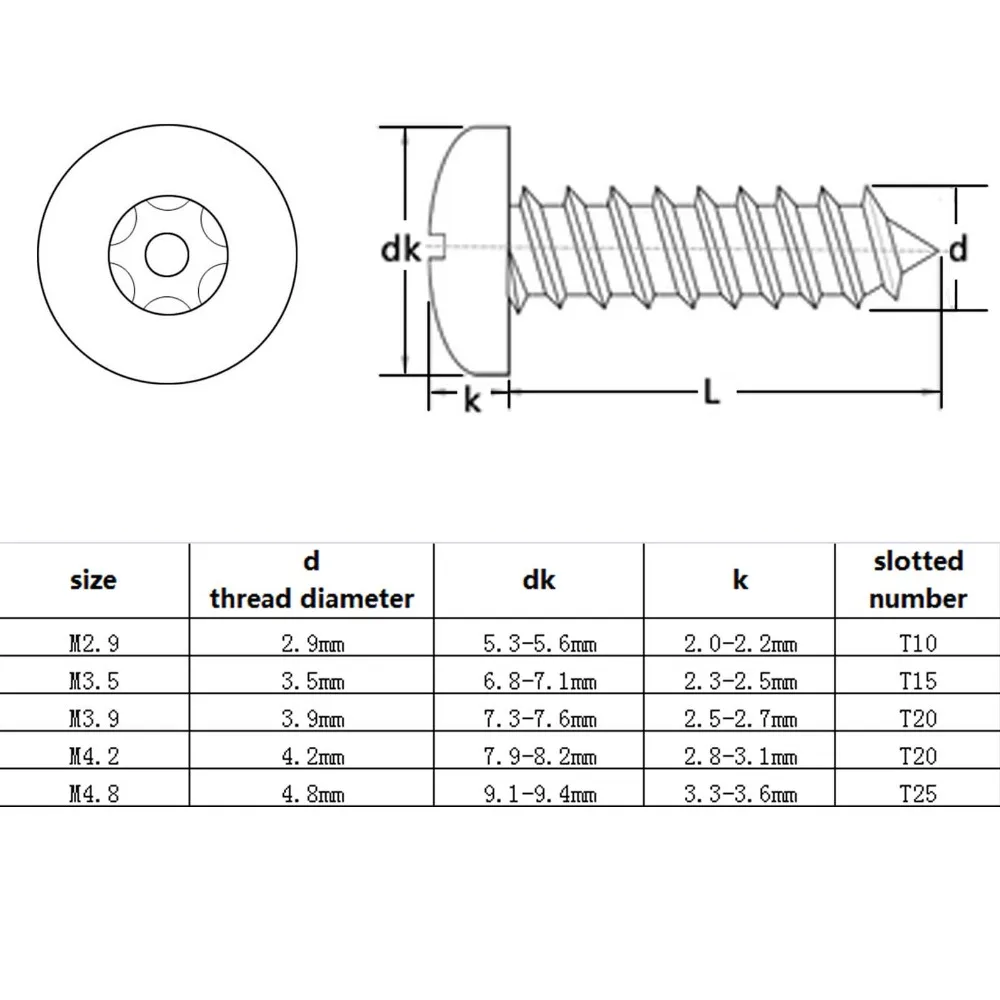 HZYUEGOU 20X M2.9 M3.5 M3.9 M4.2 M4.8 304 Edelstahl Sechsrund-Torx-Schraube mit Sicherheitsstift Selbstschneidende Holzschraube – Detail 1