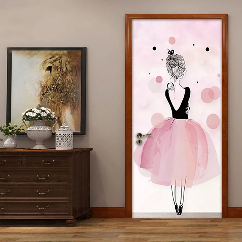 

Self Adhesive Door Sticker Pink Ballet Girl Art Wall Mural Wallpaper For Kids Room Bedroom Door Decoration Stickers Waterproof