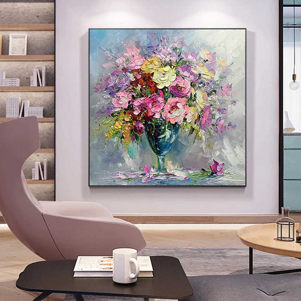 Hand Painted Modern Abstract Canvas Oil Painting Thick Knife Flower Handmade Square Large Size Wall Art Paintings Home Decorate