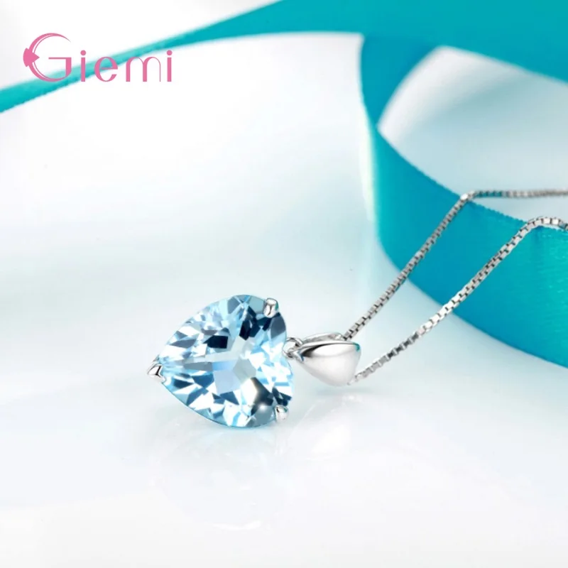 Natural Topaz Pendant 925 Sterling Silver Necklace For Women Blue Crystal Rhinestone Pendant Necklace Birthday Jewelry Gifts