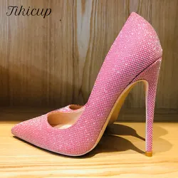 Tikicup scarpe da donna con tacco alto rosa scintillante Bling 12cm 10cm 8cm personalizza scarpe eleganti da donna con décolleté lucide taglie forti 33-45