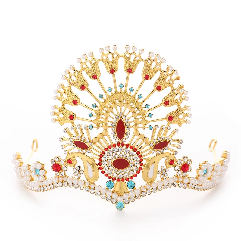 Arabian Style Luxury Pearl Rhinestone  Crown Hollowed-Out Design Colorful Bride Wedding Decoration Jewelry Crown