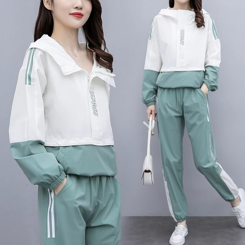 Spring Women Warm Stripe Two Piece Set Hooded Tops And Pant Casual Metching Set Outfit Large Plus Size Slim Sport Suit Tracksuit