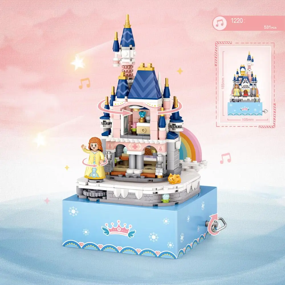 Fairy Tale Princess Castle Mini Block Music Box Building Brick Assembly Figures Educational Toys Collection For Girls Gift