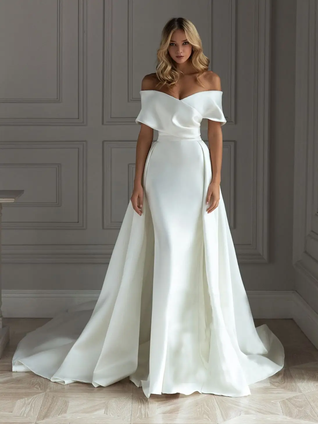 Off Shoulder V Neck Satin Mermaid Wedding Dress Long Detachable Train Fallen Sleeves Real Photos Crepe Bridal Gown Plus Size