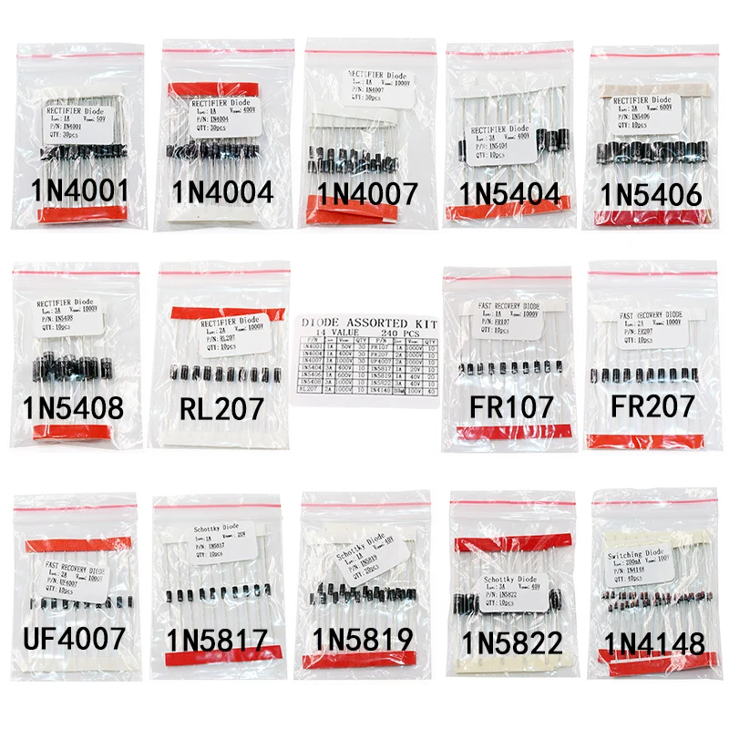 240pcs Fast Switching Schottky Diode Assorted Kit 1N4001 1N4004 1N4007 1N5408 UF4007 FR207 1N5817 1N5819 1N5822 1N4148 RL207