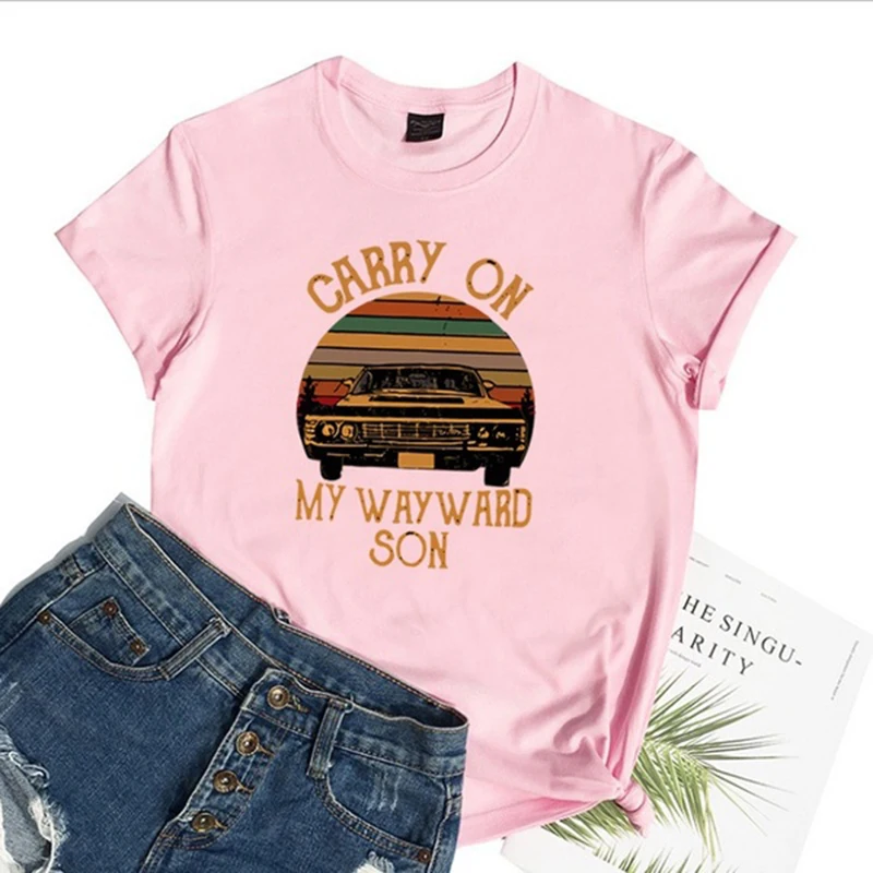 Supernatural Carry on My Wayward Son Printed Tee Shirt Short Sleeve Round Neck Tops