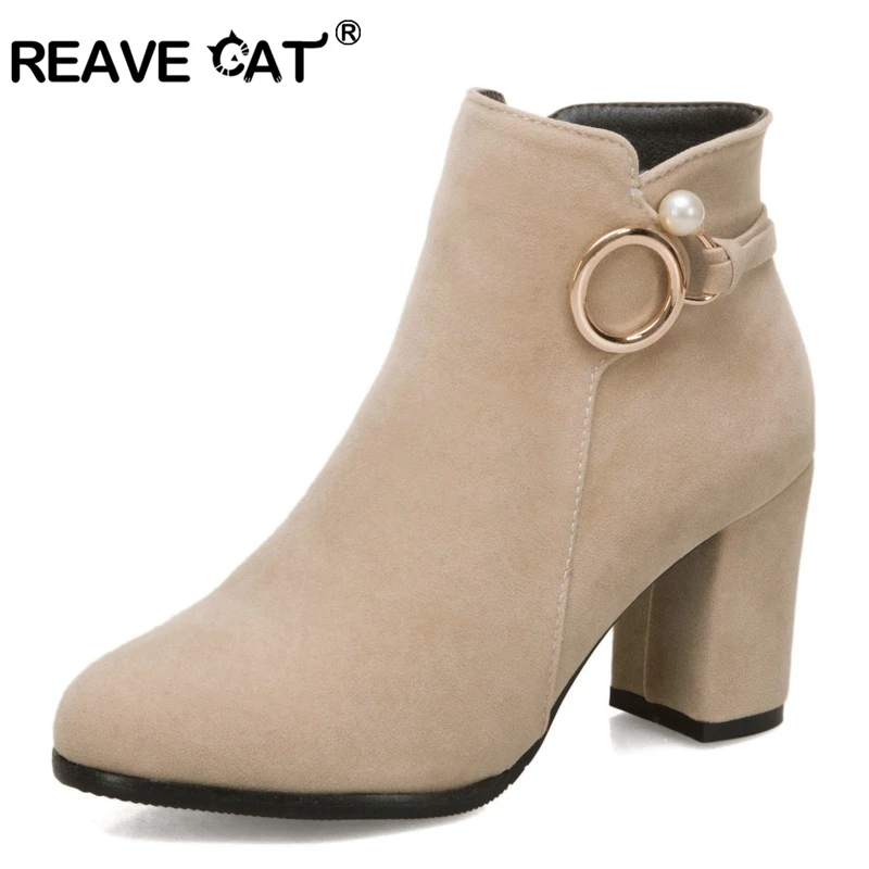 REAVE CAT Women's half boots Ankle boots Flock Square-Heeled Side Zipper Short-Tube Boots Belt Buckle High Heel British Style