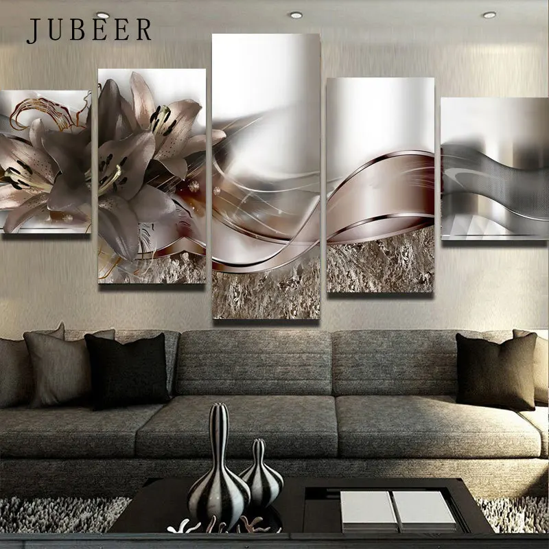 5 Pieces European Style Canvas Painting Wall Poster Art Picture Silver Gorgerous Flowers Shining Light for Home Rooms Decoration