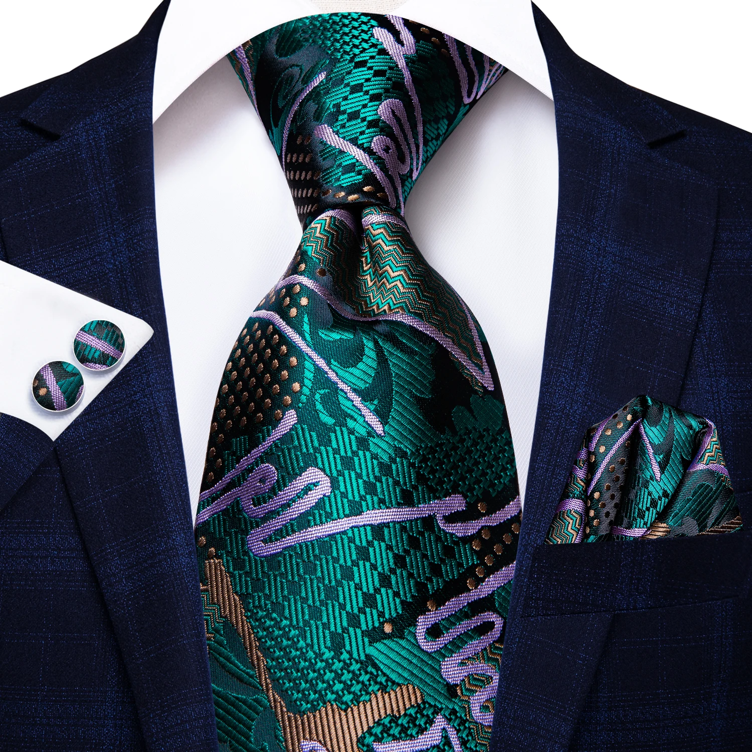 Hi-Tie – cravate Paisley en soie pour hommes, ensemble de boutons de manchette Hanky, couleur unie, vert sarcelle, Design de mode pour fête d'affaires