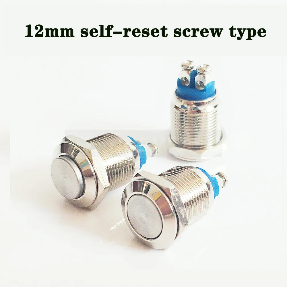 Interruptor de botón de Metal de 12mm y 16mm, 2 pines, 2 tornillos, sin luz, interruptor impermeable momentáneo, botón de encendido de autoenganche