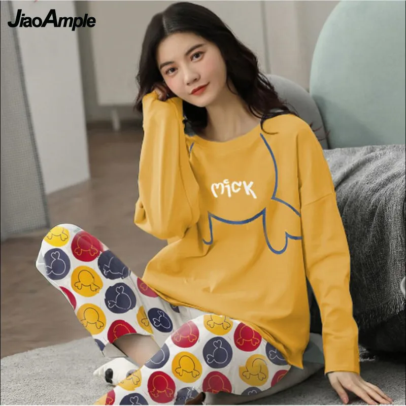 Women's Pajamas Spring Autumn New O-Neck Loose Long-sleeved Trousers Pijamas Two-piece Korean Cartoon Sleepwear Suit