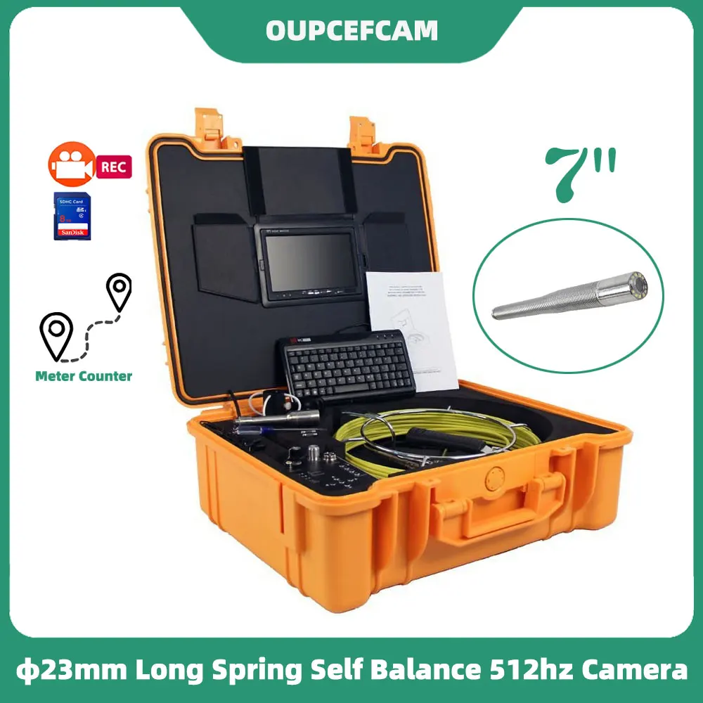 

φ23mm Long Spring Self Balance 512hz Camera Drain Sewer Pipe Inspection Endoscope 7" Screen DVR Keyboard Meter Counter 5mm Cable