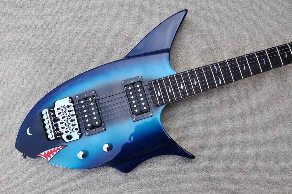 6 Strings Blue Shark Shape Electric Guitar with Treomolo Bar,HUmbuckers Pickups,Rosewood Fretboard