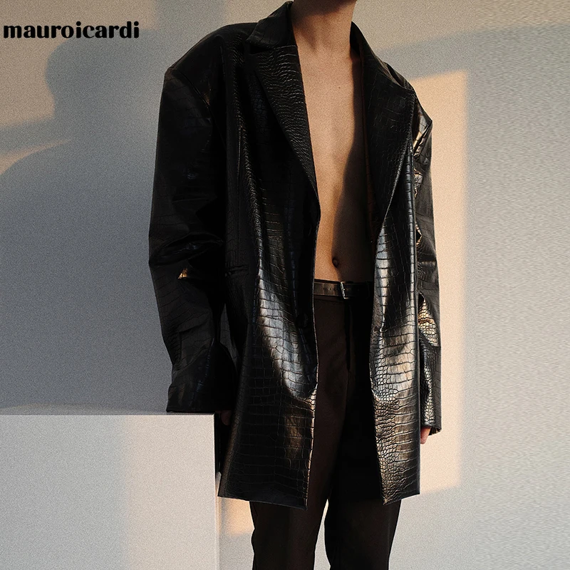 Mauroicardi Spring Black Reflective Crocodile Print Shiny Faux Leather Jackets for Men High Quality Fashion Leather Blazer 2022