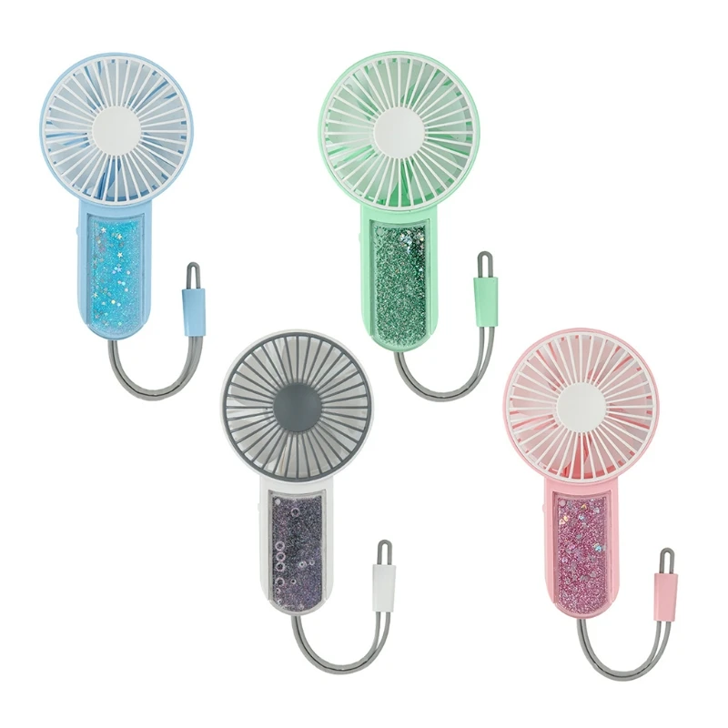 

2-in-1 Handheld USB Fan Shining Quicksand Design Mini Hanging Fan Portable Hand Fan 3 Wind Speed for Kids Adult Outdoor