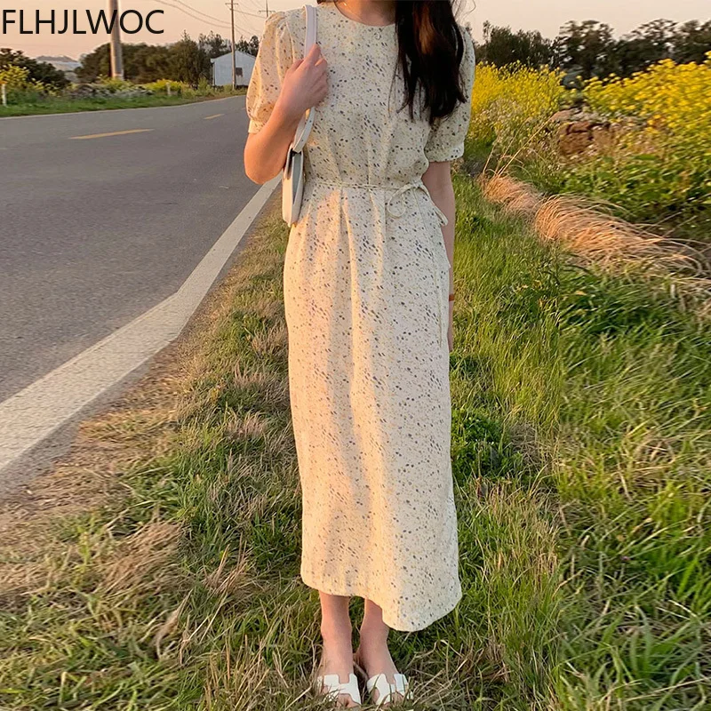 2021 Summer Cute Sweet Girls Women Japanese Style Design Blue Floral Printed Retro Vintage Korea Chic Long Dress