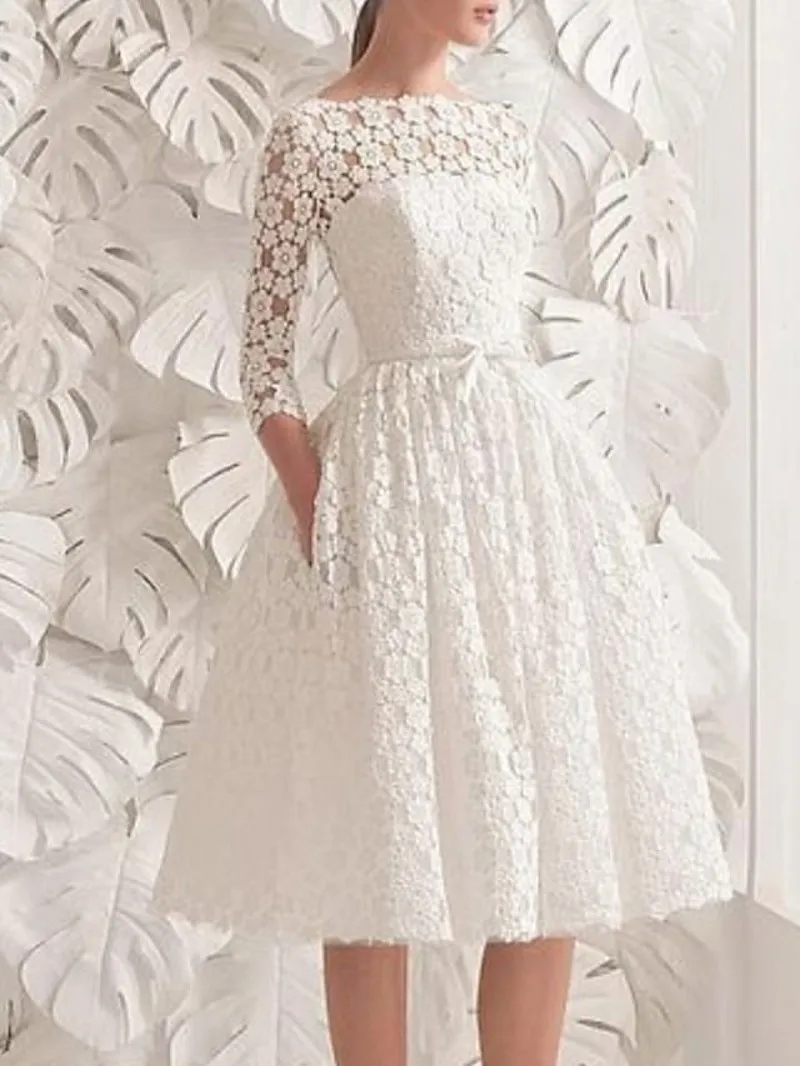 2022 A-Line Wedding Dresses Boat Neck Knee Length Lace Half Sleeve Vintage 1950s with Sashes Bride Gown Robe De Mariage