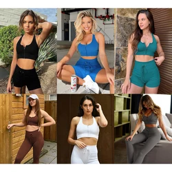 Autumn Winter Seamless Zipper Drawstring Yoga Gym Suits Sports Suit Four-piece Women high Waist Crop Top Running Fitness Sets