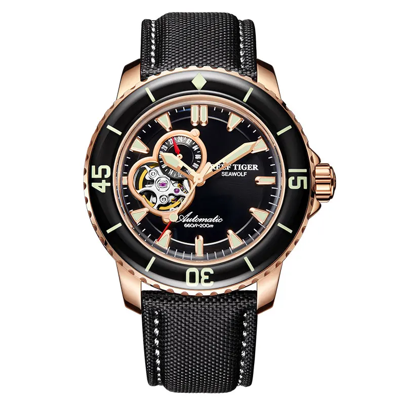 Reef Tiger/RT Top Brand Watch For Men Sport Automatic Watches Rose Gold Super Luminous Diving Watch Nylon Strap RGA3039