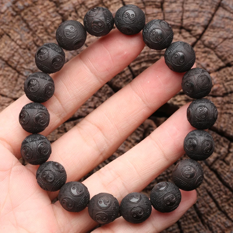 Ebenholz-Herren-Holzarmband, Symbol der Philosophie, männliches Armband, Symbol der Wahrsagerei, 20 mm, schwarzes Holzperlenarmband – Detail 13