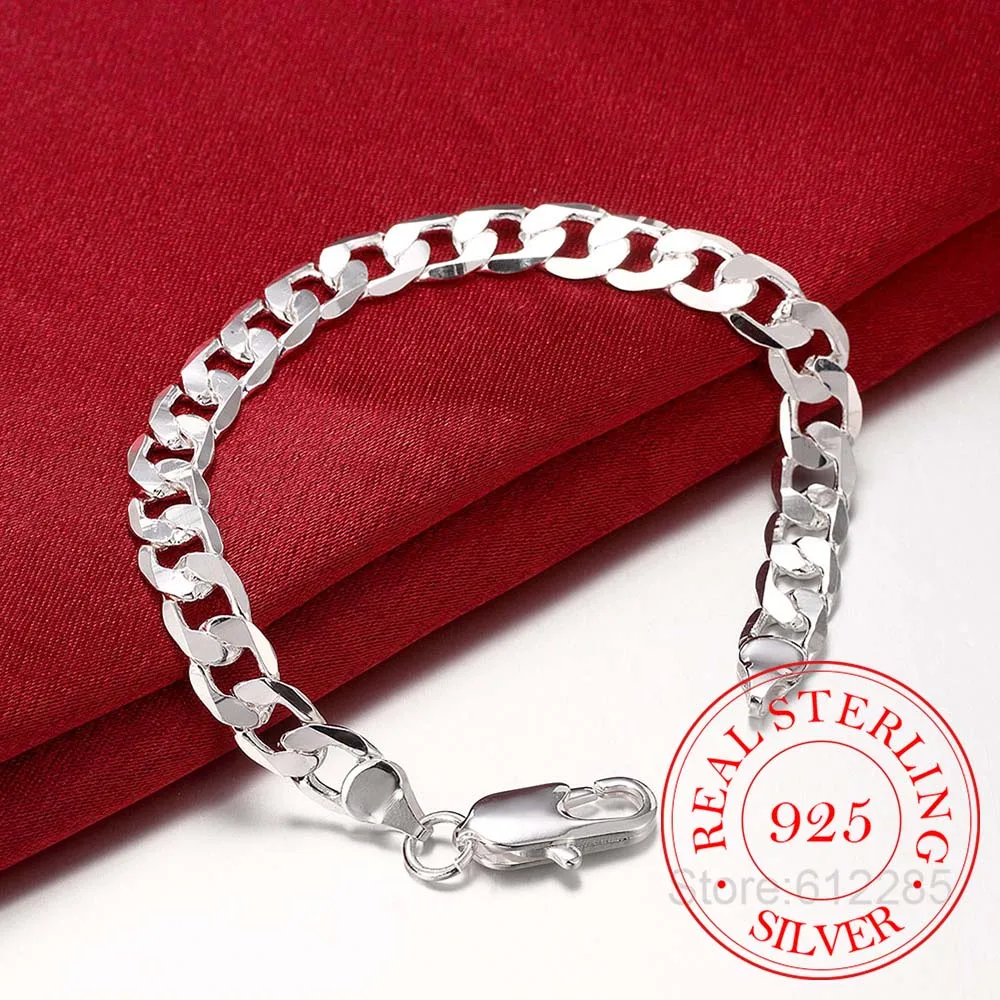 925 Sterling Silver Bracelet Fine Jewelry 8MM 20cm Sideways Flat Male Chain Bracelet Armband/pulsera for Men 8 Inch