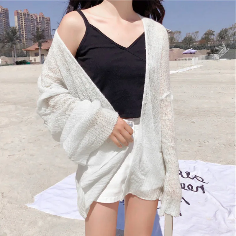 Atasan Pantai Wanita Katun Musim Panas Cardigan Lengan Panjang Kerah V Atasan Pantai Kasual Fashion Gaya Korea Tipis Longgar Satu Warna