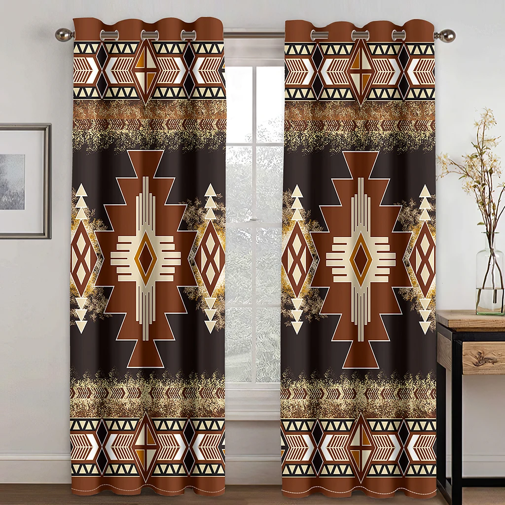 Geometric Blackout Window Curtains Bohemian Cotton Linen Curtain Living Room & Bedroom Drapes Decor(2Panels)Cotinas De Salaカーテン