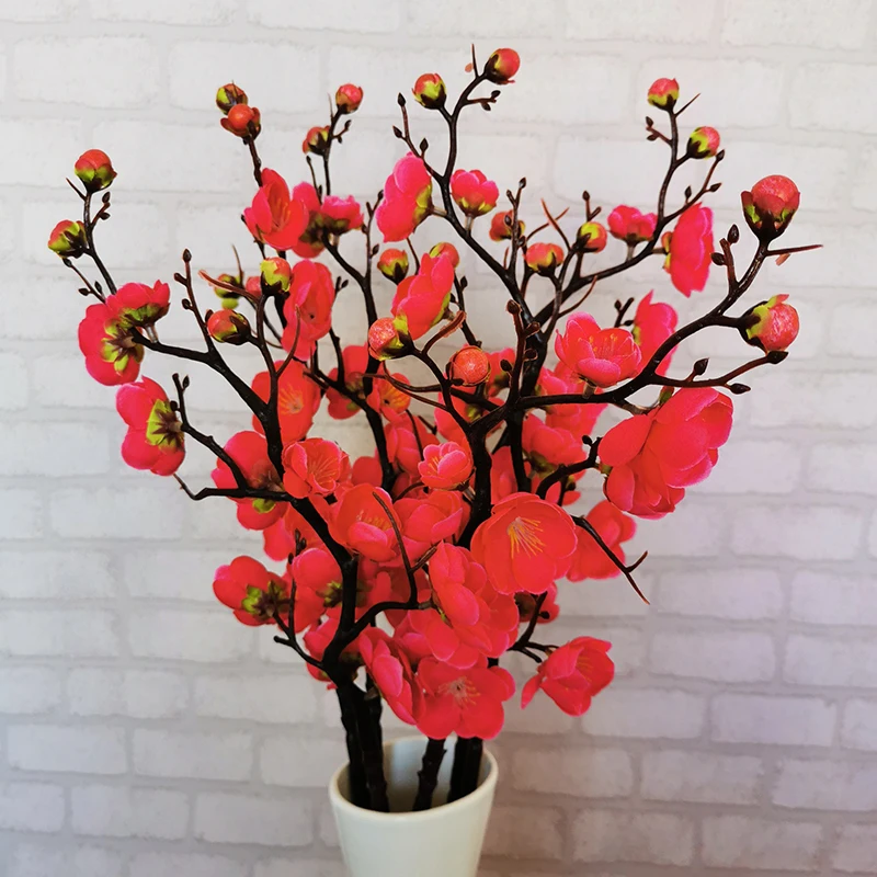 Kirschrote Pflaumenblüten Seiden-Kunstblumen Plastikzweig für Hochzeit Heim-Dekoration Inneneinrichtung Schaumstoff-Beeren Künstliche Blumen – Detail 6
